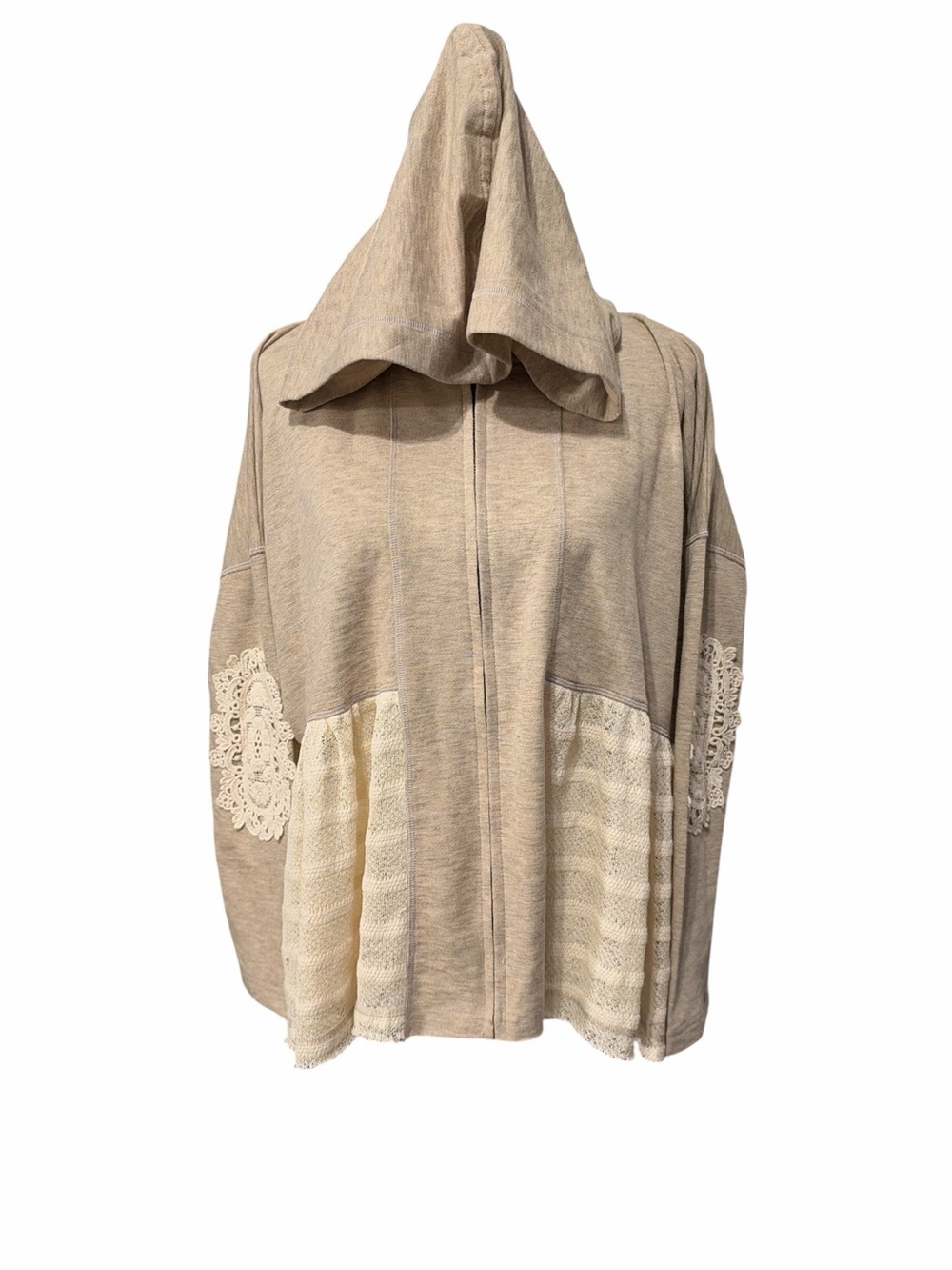 ODDY Beige Hooded Crochet Panel Zip Sweater Jacket